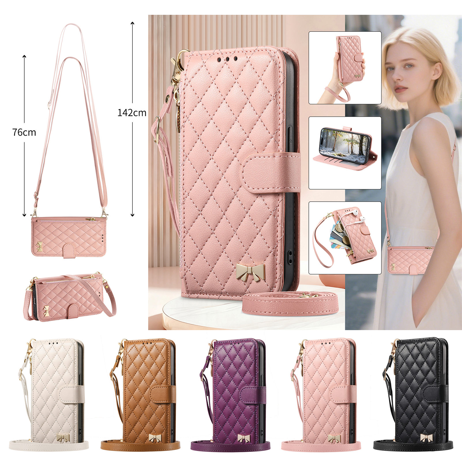 Flip Leather Case - PU Leather Crossbody Flip Wallet Phone