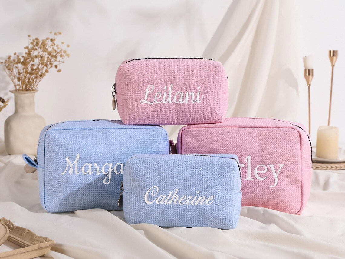 Monogram Custom Case - Personalized Embroidered Waffle Cosmetic Bag, Monogrammed