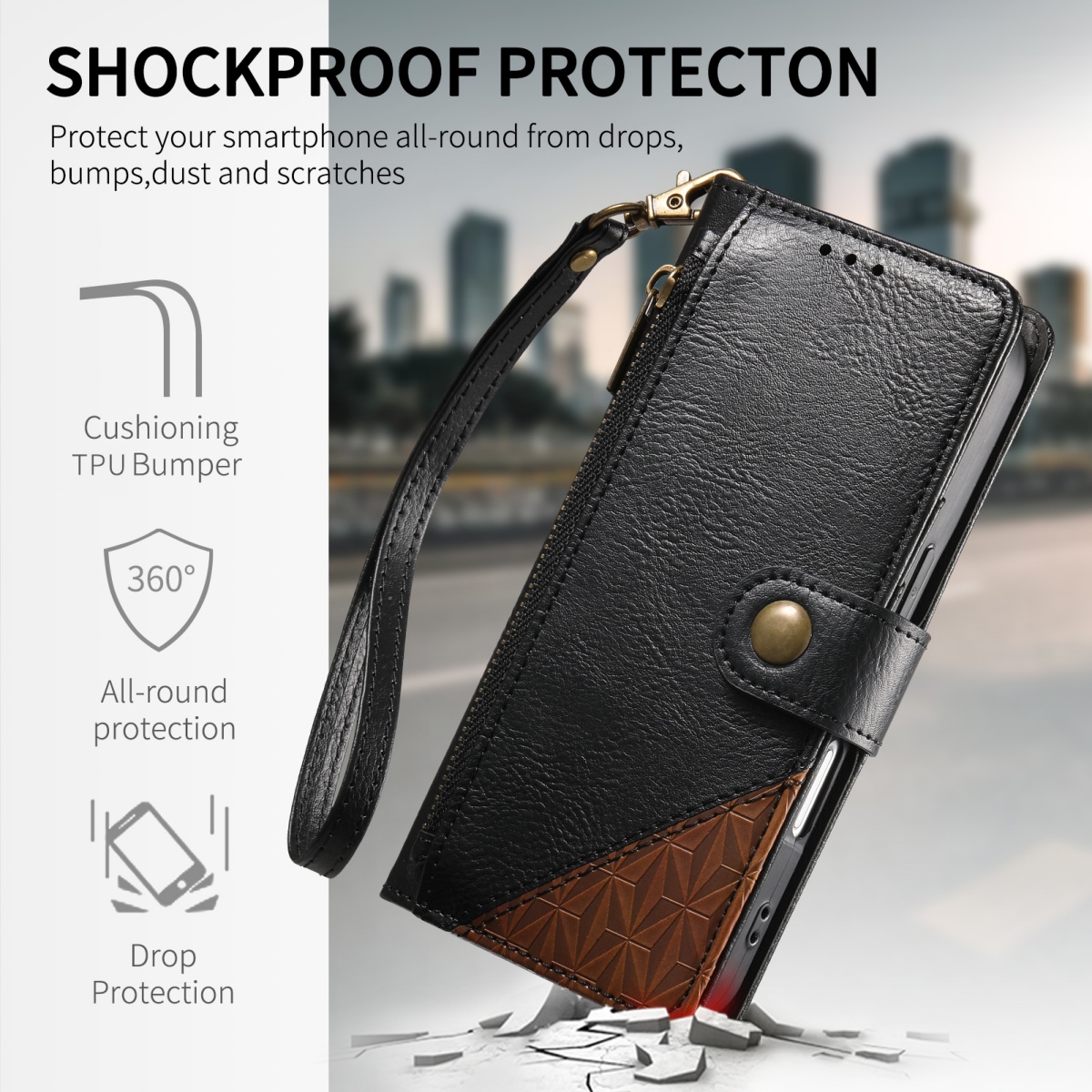 PU Leather Zipper Wrist Strap  - Flip Leather Case reseña y precio