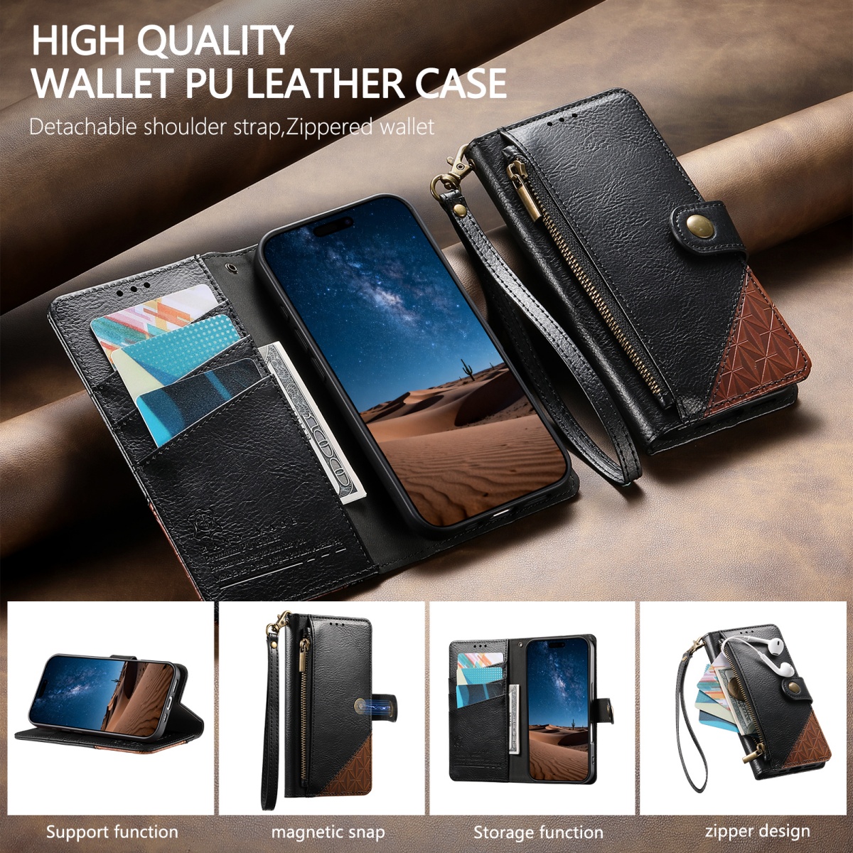 PU Leather Zipper Wrist Strap  - Flip Leather Case reseña y precio